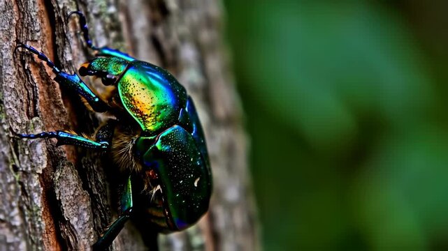 Close-up of iridescent green beetle on tree bark