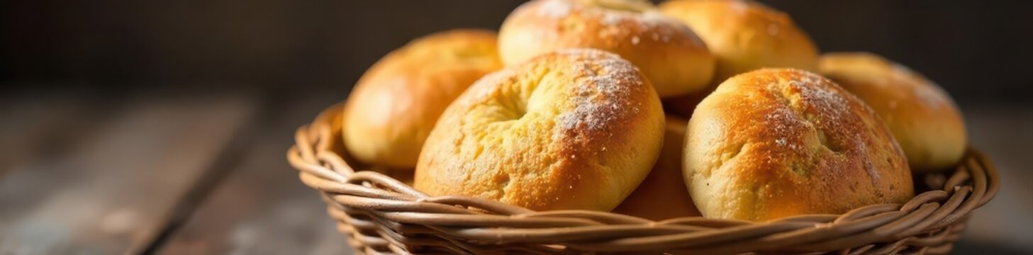 Warm hallulla bread in a woven basket, selective focus ,  photography,  South American food