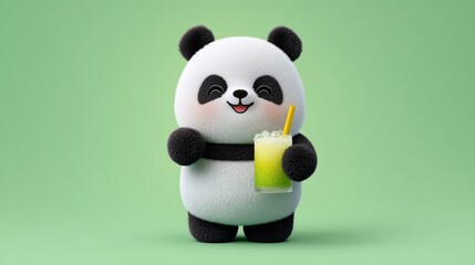 kawaii panda holding soda glass smiling cute 3d cartoon style