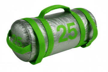 Twenty-five pound fitness sandbag laying horizontally with green handles, isolated on transparent background