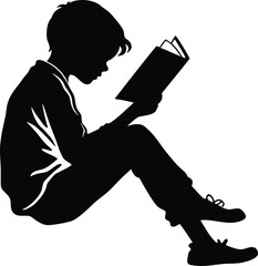 Flat silhouette icon of a child reading a book
