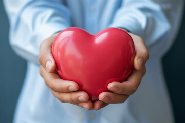 Obraz premium Heart health care love and support concept person holding red heart in hands for valentine's day gift