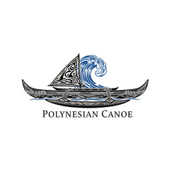 Polynesian canoe design with tribal art and wave.