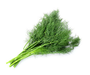 Bunch of fresh dill isolated on white, top view