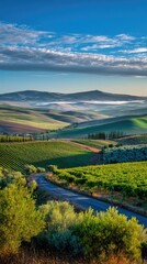 Rolling Hills Vineyard Landscape With Country Road In Tuscany