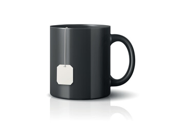 Vector 3D Realistic Black Ceramic Mug, Tea Cup with Blank Tag, Tea Bag Label Isolated, Blank Promotional Cup for Branding, Custom Print, Corporate Gift, Advertising, Merchandise, Logo Template, Mockup