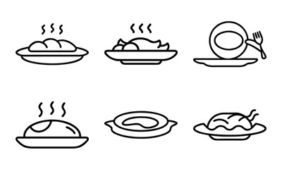 Set of Line Icons Representing Hot Food Dishes on Plates and Bowls – Minimal Outline Style Vector of Steaming Meals, Covered Platters, and Served Cuisine on White Background