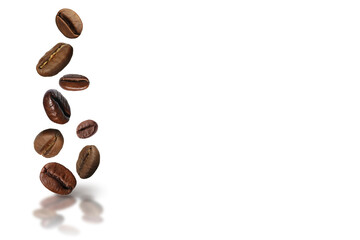 Roasted coffee beans falling onto white background