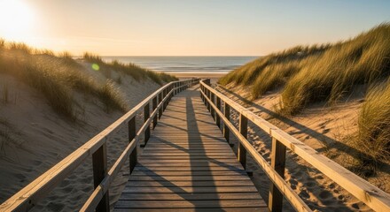 Wooden walkway through dunes to beach at sunset (1)