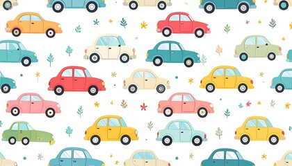 A seamless pattern of colorful cartoon cars