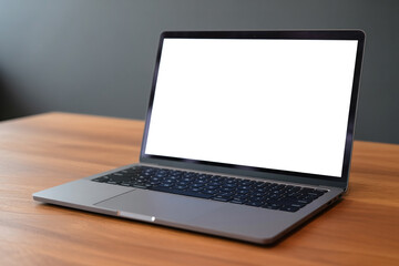 Fototapeta premium Laptop with blank white screen on wooden desk for mockup template and presentation display concept