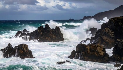 Obraz premium Dramatic coastal scene with powerful waves crashing against rocks