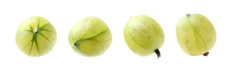 Fresh green gooseberries on white background, set