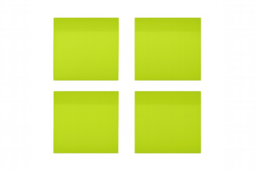 Lime green sticky notes arranged in square formation, positioned on clear surface waiting for writing