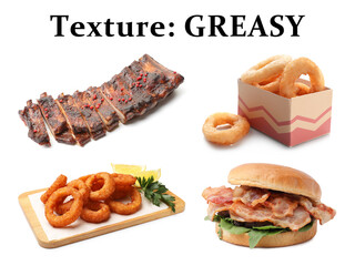Foods with greasy texture on white background, set