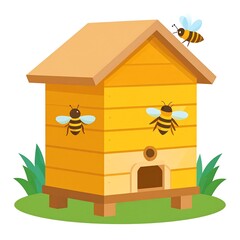 Cute cartoon beehive with bees flying around on a green grassy field.