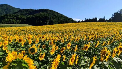 Vast Sunflower Field Under a Clear Blue Sky with Rolling Green Hills in the Background.