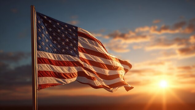 American flag waving majestically at sunset