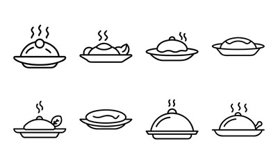 Set of Line Icons Representing Hot Food Dishes on Plates and Bowls – Minimal Outline Style Vector of Steaming Meals, Covered Platters, and Served Cuisine on White Background