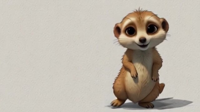 Kleines, aufrecht stehendes Erdm&auml;nnchen mit gro&szlig;en neugierigen Augen, fr&ouml;hlich lachend.