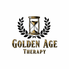 Elegant logo for Golden Age Therapy. Features a vintage hourglass and laurel wreath.