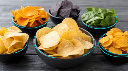 Overhead shot of wooden table with various bowls of colorful potato chips, including classic, spicy, and vegetable flavors, creating vibrant and appetizing display