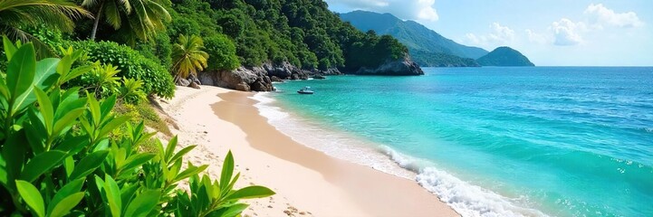 Fototapeta premium Lush green vegetation cascading down to a pristine, sandy beach; turquoise water laps gently at the shore A tranquil scene of untouched natural beauty , getaway, green, sea