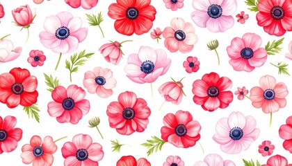 Floral pattern with anemones in pink and red