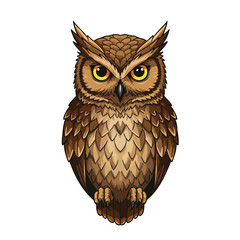 A detailed illustration of a brown horned owl with large piercing yellow eyes.