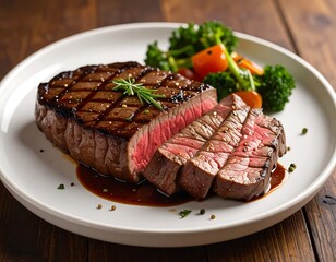 Sliced grilled steak with a flavorful glaze, served with roasted vegetables on a white plate, creating a mouthwatering culinary presentation.