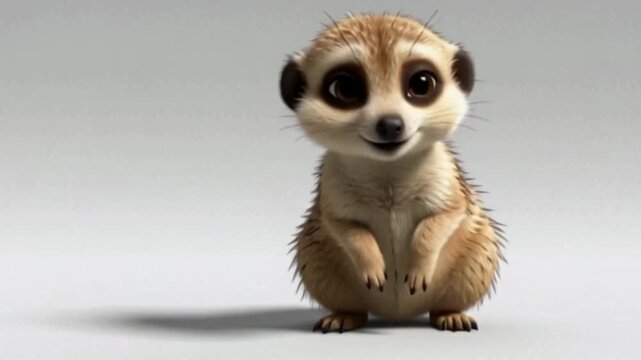 Kleines, aufrecht stehendes Erdm&auml;nnchen mit gro&szlig;en neugierigen Augen, fr&ouml;hlich lachend.