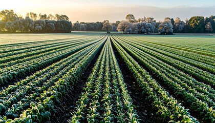 A vast expanse of rows of fresh, frost-covered plants stretching into a serene, early morning landscape.