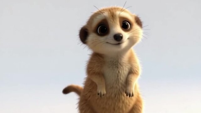 Kleines, aufrecht stehendes Erdm&auml;nnchen mit gro&szlig;en neugierigen Augen, fr&ouml;hlich lachend.