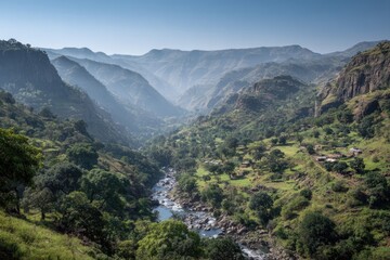 Naklejka premium High Angle View Of Lush River Valley And Mountains