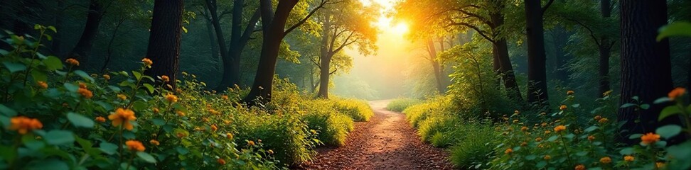 Fototapeta premium A winding path through a vibrant forest, leading towards a distant, sunlit clearing The journey symbolizes growth, discovery, and the unknown possibilities that lie ahead , trees, leaves, exploration