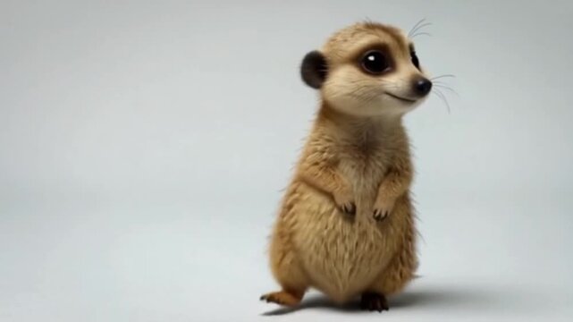 Kleines, aufrecht stehendes Erdm&auml;nnchen mit gro&szlig;en neugierigen Augen, fr&ouml;hlich lachend.
