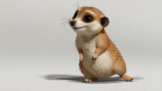 Kleines, aufrecht stehendes Erdm&auml;nnchen mit gro&szlig;en neugierigen Augen, fr&ouml;hlich lachend.