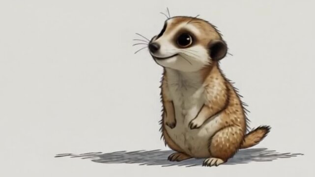 Kleines, aufrecht stehendes Erdm&auml;nnchen mit gro&szlig;en neugierigen Augen, fr&ouml;hlich lachend.
