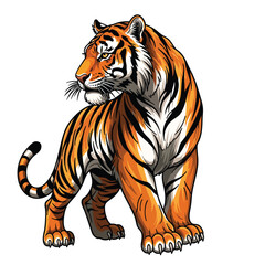 A powerful stylized illustration of a majestic tiger with orange and black stripes looking back over its shoulder.