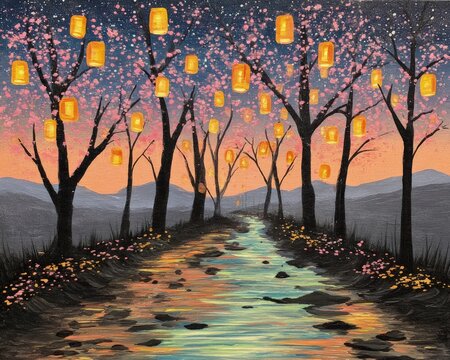 Pixel Art Landscape With Lanterns And Cherry Blossoms