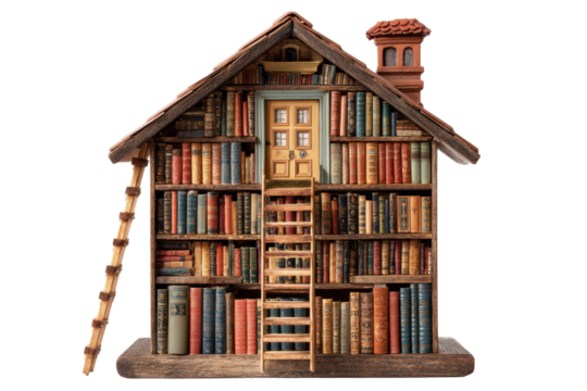House-Shaped Bookshelf with Ladders and Tiny Door