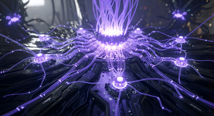 Futuristic Network Hub with Glowing Purple Cables