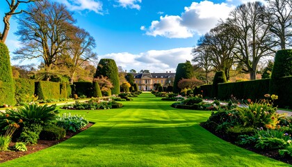 Obraz premium A meticulously manicured garden path leads towards a stately estate, showcasing vibrant blooms and meticulously trimmed hedges under a bright, sunny sky.