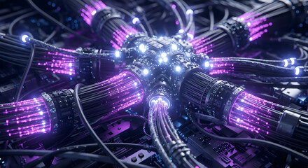 Futuristic Technology Hub with Glowing Cables and Circuits
