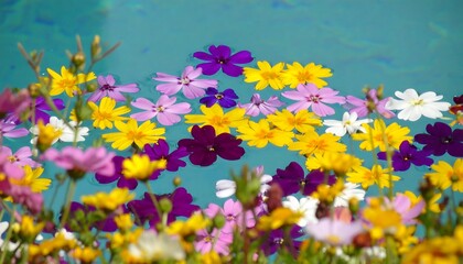 Vibrant Assortment of Colorful Flowers Floating Gracefully on Serene Blue Water.