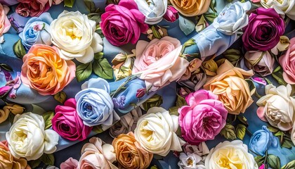 Vibrant silk fabric, densely covered in intricately crafted, colorful roses, creates a visually stunning floral tapestry.