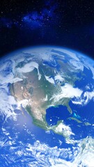 A detailed view of Earth from space, highlighting the continents and clouds, with a stunning display of cosmic backdrop.