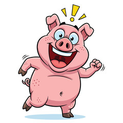 An excited and happy pink cartoon pig running with a wide joyful smile and exclamation marks.