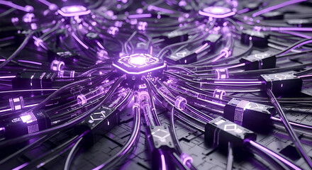Futuristic Server With Glowing Purple Light and Cables