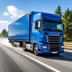 A vibrant blue semi-truck travels down a highway under a partly cloudy sky.
